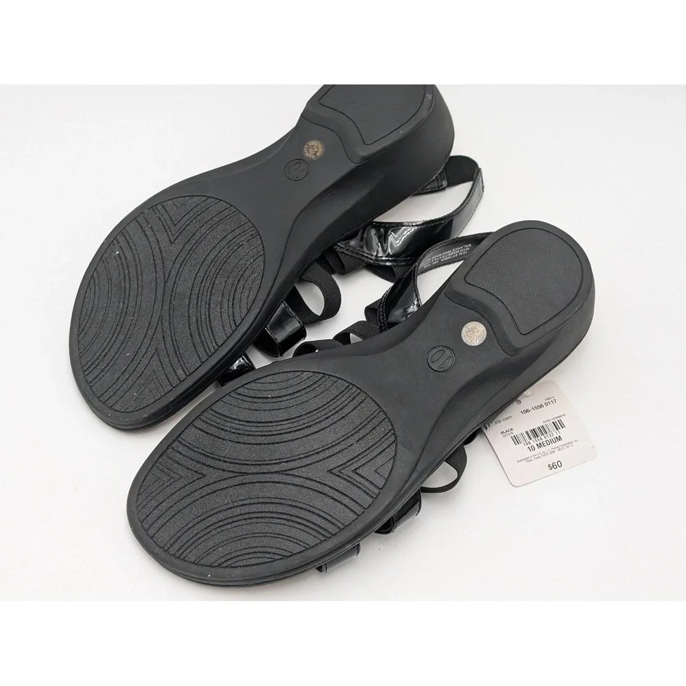 East 5th Sandals Womens 10 Black India Strappy Wedge Memory Foam Patent Elastic